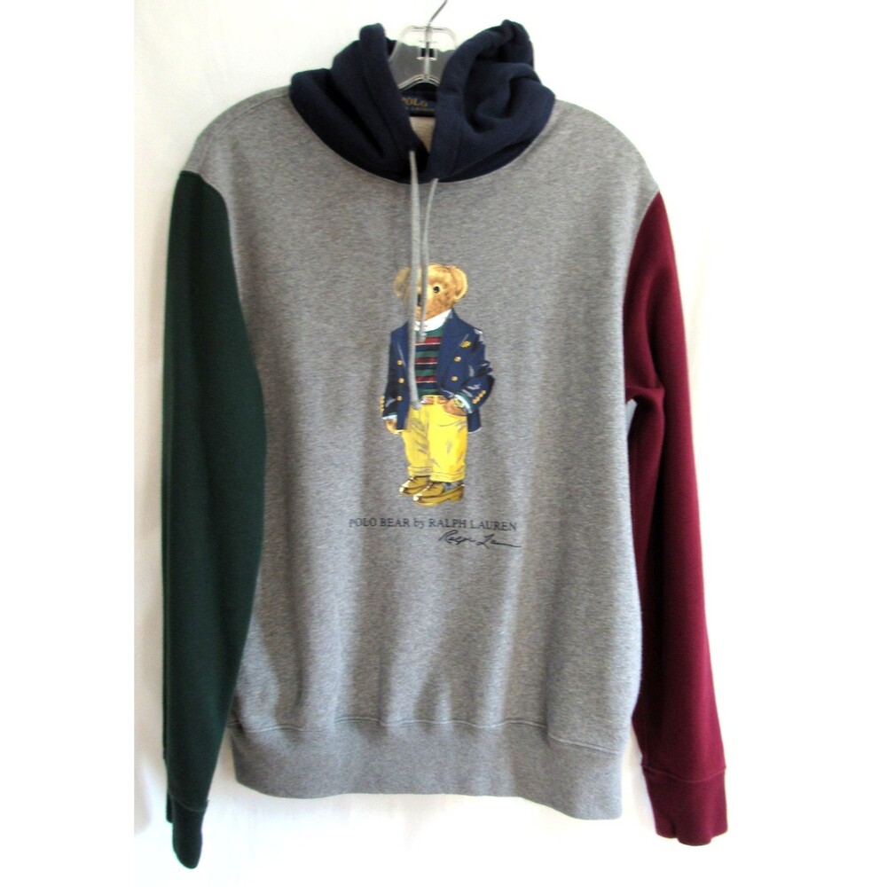 Polo Ralph Lauren Gray Colorblock Dapper Bear Pockets Hoodie Size Medium EUC